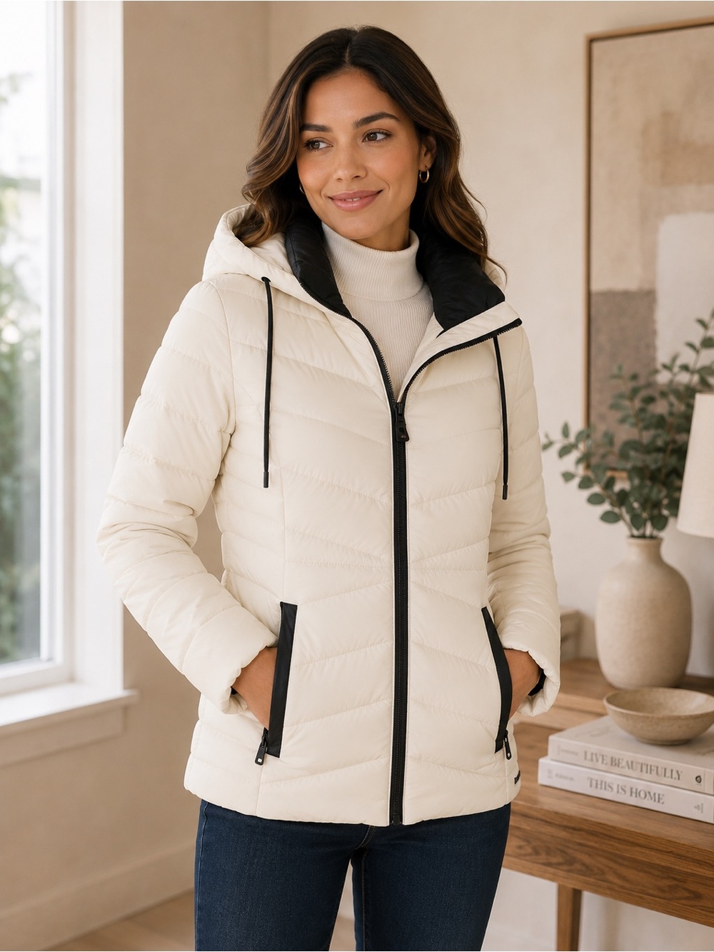 DKNY Puffer Jacket NWT Ivory White Black Soft Trim Hooded Coat Medium 5°F Warmth